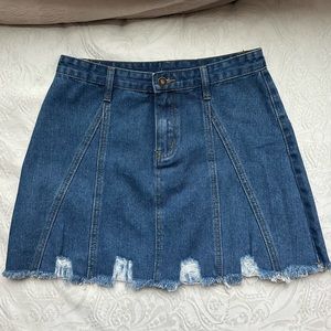 Sage The Label Blue Denim Mini Skater Skirt w/ Raw Hem